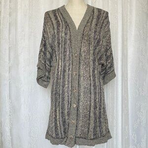 Peruvian Connection Women's Cardigan Large Short Sleeve Gray Knit Long V-Neck